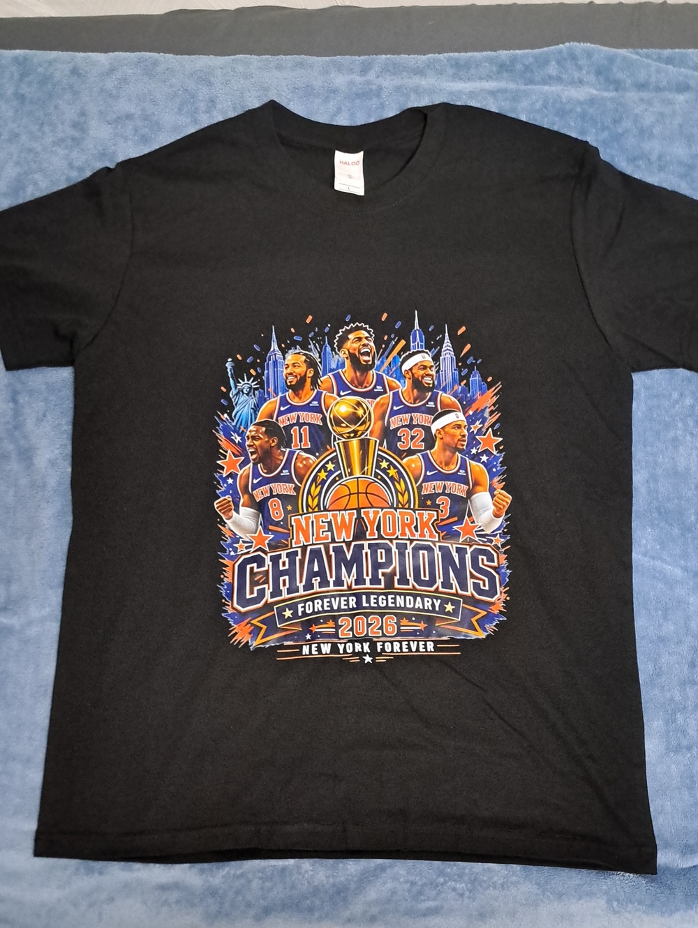 Halo Black T‑Shirt with Orange and Blue New York Champions Graphic